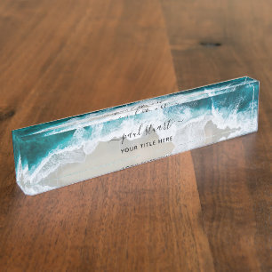 Elegant Aqua Blue Green Beach Script Modern Namensplakette