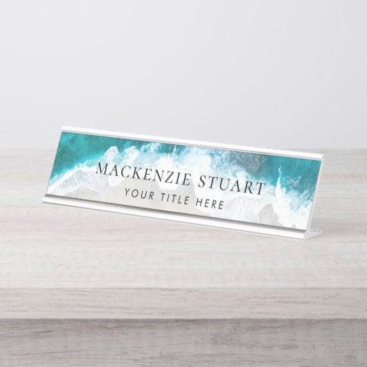 Elegant Aqua Blue Green Beach Script Schreibtischnamensplakette (Vorderseite )