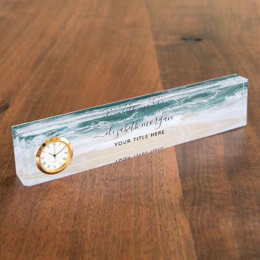 Elegant Aqua Blue Green Script Name Clock Desk Nam Namensplakette (Seite)