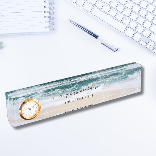 Elegant Aqua Blue Green Script Name Clock Desk Nam Namensplakette