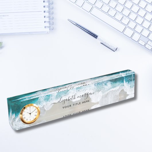 Elegant Aqua Blue Green Script Name Clock Desk Nam Namensplakette