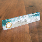 Elegant Aqua Blue Green Script Name Clock Desk Nam Namensplakette (Seite)