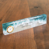 Elegant Aqua Blue Green Script Name Clock Namensplakette (Seite)