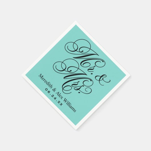 Elegant Aqua Blue Mr. und Mrs. Script Monogram Serviette (Ecke)