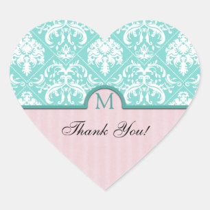 Elegant Aqua Blue & Pink Damask Vielen Dank Herz-Aufkleber
