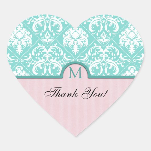 Elegant Aqua Blue & Pink Damask Vielen Dank Herz-Aufkleber (Vorderseite)