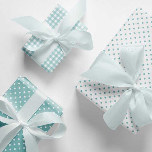 Elegant Aqua Blue Polka Dots Gingham Pattern Mix Geschenkpapier Set