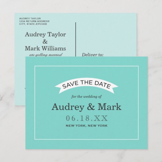 Elegant Aqua Blue Wedding Save the Date Ankündigungspostkarte (Vorne/Hinten)
