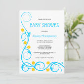 Elegant Aqua Blue Yellow Floral Wirbel Baby Shower Einladung (Stehend Vorderseite)