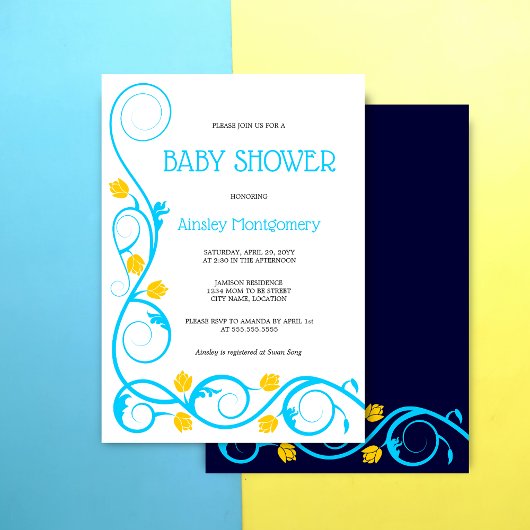 Elegant Aqua Blue Yellow Floral Wirbel Baby Shower Einladung
