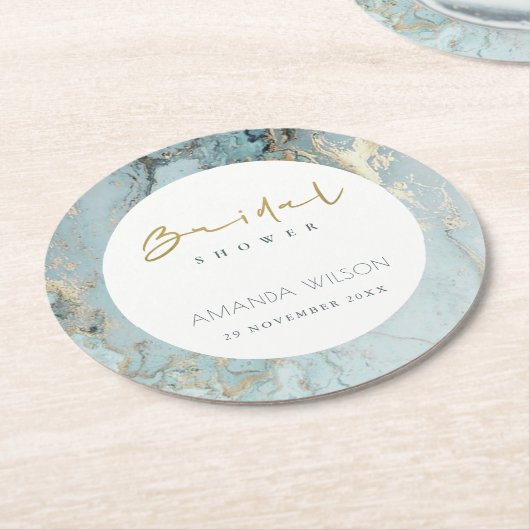 ELEGANT AQUA DUSKY BLAUE GOLD AGATE BRAUTPARTY RUNDER PAPPUNTERSETZER (Angewinkelt)