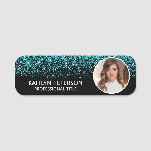 Elegant Aqua Glitter Magnetic Employee Photo ID Namensschild (Vorderseite)