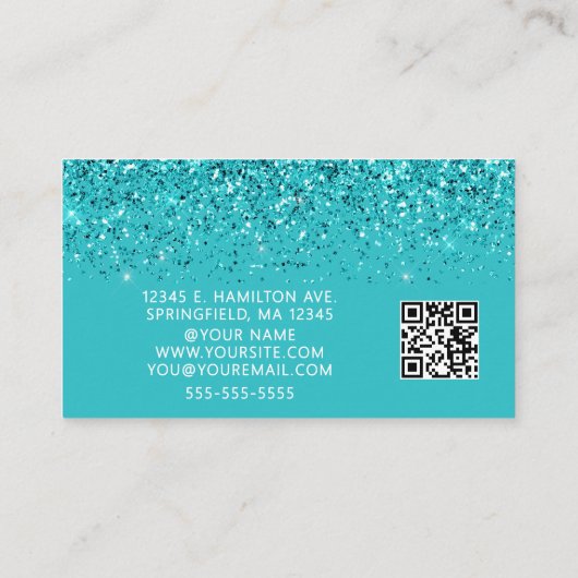 Elegant Aqua Glitter Photo QR Code Visitenkarte (Rückseite)