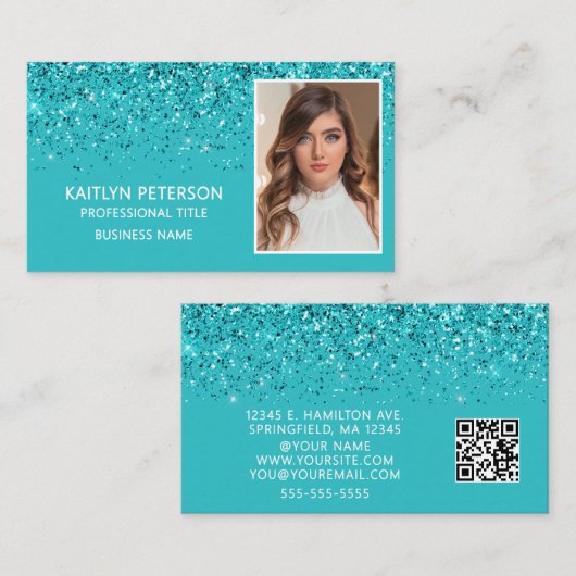 Elegant Aqua Glitter Photo QR Code  Visitenkarte (Vorne/Hinten)