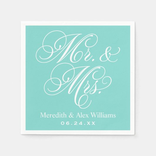 Elegant Aqua Mr. und Mrs. Script Custom Monogram Serviette (Vorderseite)