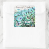 Elegant Aqua Peacock Feathers Save the Date Quadratischer Aufkleber (Tasche)