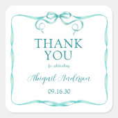 Elegant Aqua Ribbon Baby Shower Vielen Dank Quadratischer Aufkleber (Vorderseite)