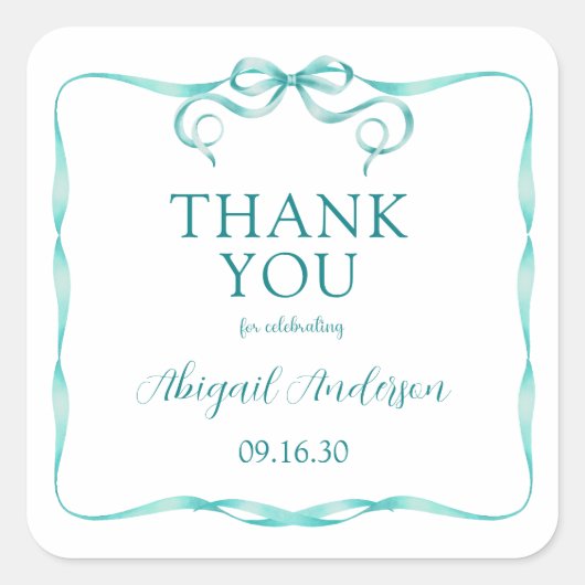 Elegant Aqua Ribbon Baby Shower Vielen Dank Quadratischer Aufkleber (Vorderseite)