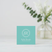Elegant Aqua Script Beruflich Monogram Quadratische Visitenkarte (Stehend Vorderseite)