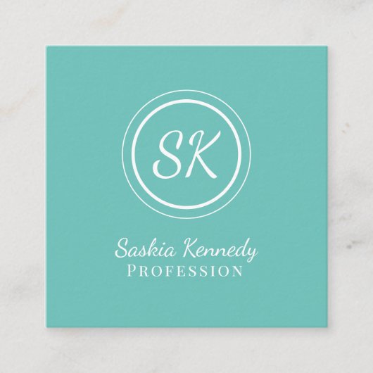 Elegant Aqua Script Beruflich Monogram Quadratische Visitenkarte (Vorderseite)