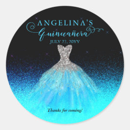 Elegant Aqua | Silver Spanish Gown Quinceañera Runder Aufkleber
