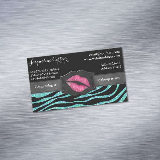 Elegant Aqua Zebra Glitzer Kiss Kosmetologe Magnetische Visitenkarte (Beispiel)
