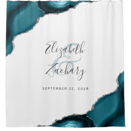 Elegant Aquamarin Agate Silver Newlywed Names Wedd Duschvorhang (Vorderseite)