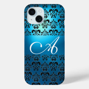 ELEGANT AQUAMARIN AQUE BLUE BLACK DAMASK MONOGRAMM iPhone 15 HÜLLE