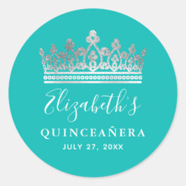 Elegant Aquamarin Blue Silver Crown Quinceanera Na Runder Aufkleber