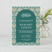 Elegant Aquamarin Damask Arabian Arch Aqiqah Einladung (Stehend Vorderseite)