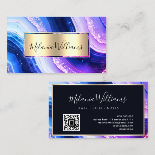 Elegant Aquamarin Gold Marble Agate Geode QRCode L Visitenkarte (Vorne/Hinten)