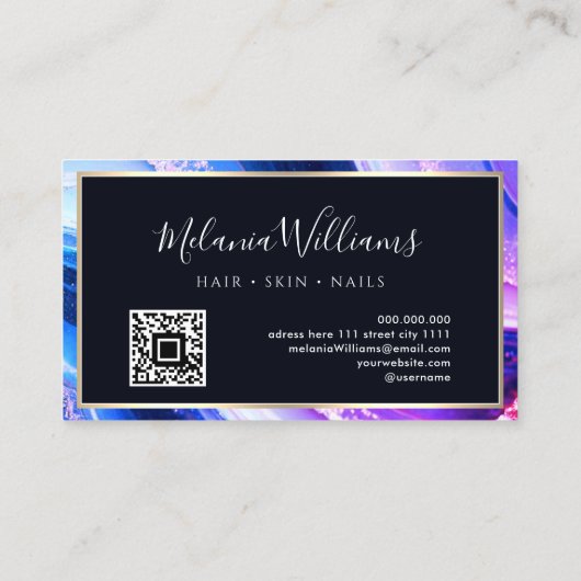 Elegant Aquamarin Gold Marble Agate Geode QRCode L Visitenkarte (Rückseite)