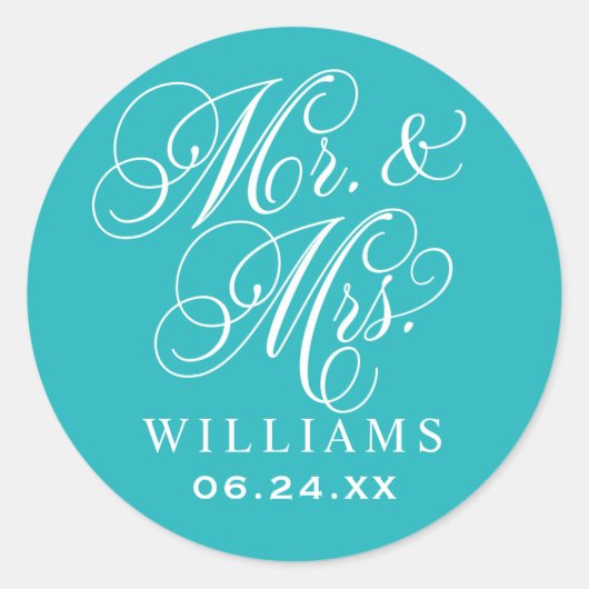 Elegant Aquamarin Mr. and Mrs. Script Custom Monog Runder Aufkleber (Vorderseite)