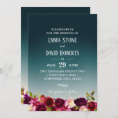 Elegant Aquamarin Ombre Burgundy Red Floral Weddin Einladung (Vorne/Hinten)