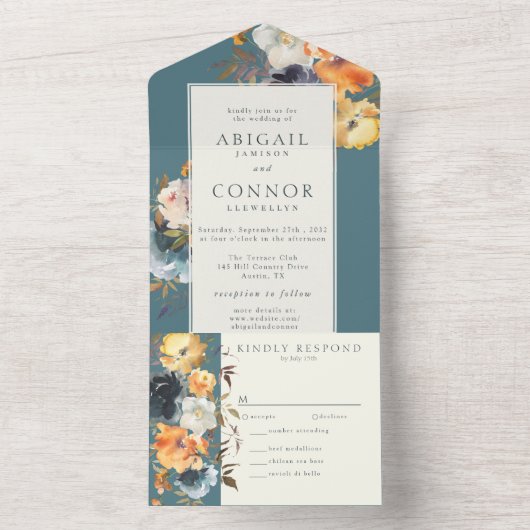 Elegant Aquamarin Terracotta Navy Boho Floral All In One Einladung (Innen Boden)
