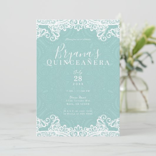 Elegant Aquamarin Türkis & Spitzen 15. Quinceañera Einladung (Stehend Vorderseite)