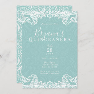 Elegant Aquamarin Türkis & Spitzen 15. Quinceañera Einladung