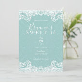 Elegant Aquamarin Türkis White Lace Sweet 16 Party Einladung (Stehend Vorderseite)