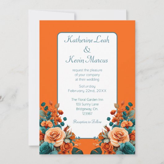 Elegant Aquamarin und orange floral Einladung (Vorderseite)