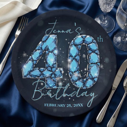Elegant Aquamarine Blue Jewel 40th Birthday Pappteller