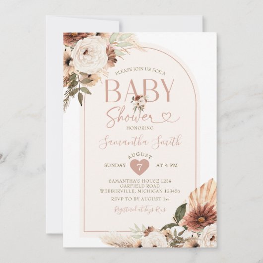 Elegant Arch Boho White Floral Baby Shower Einladung (Vorderseite)