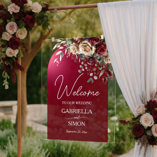 Elegant Arch Burgund Rose Hochzeit Willkommen Acrylschild
