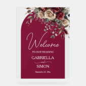 Elegant Arch Burgund Rose Hochzeit Willkommen Acrylschild (Vorderseite)