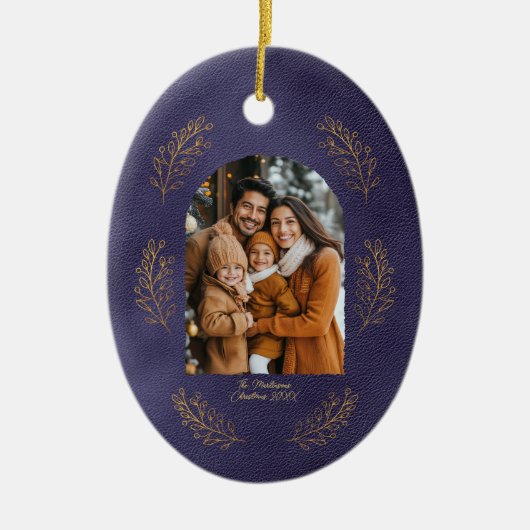 Elegant Arch Family Photo Leaves Blue Christmas Keramik Ornament (Vorne)