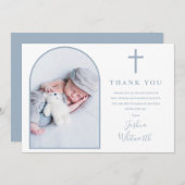 Elegant Arch Foto Dusty Blue Baptisse Dankeskarte (Vorne/Hinten)