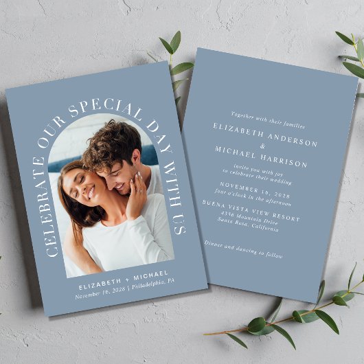 Elegant Arch Foto Dusty Blue Wedding Einladung