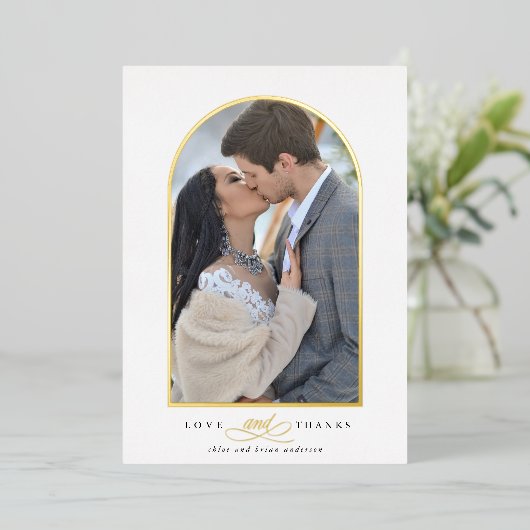 Elegant Arch Liebe & Danke Foto Wedding Vielen Dan Folieneinladung (Stehend vorne)