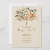 Elegant Arch Peach Floral Baby Girl Taufe Einladung (Vorderseite)