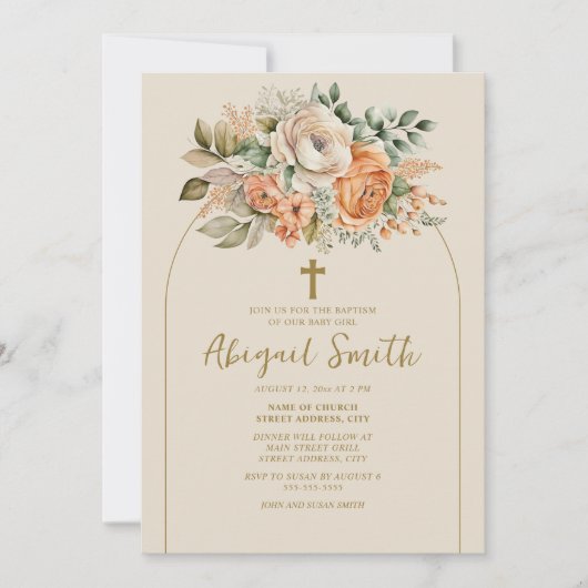 Elegant Arch Peach Floral Baby Girl Taufe Einladung (Vorderseite)