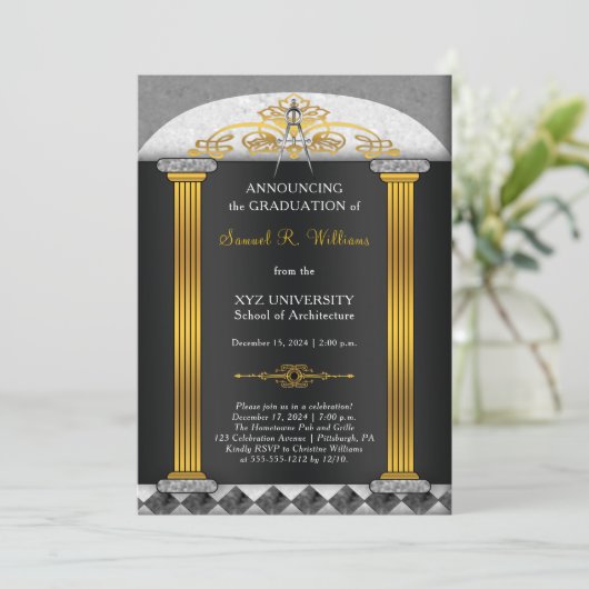 Elegant Architect Architect Compass Abschluss Einladung (Stehend Vorderseite)